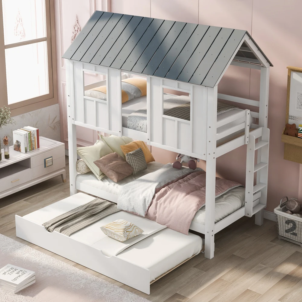 

Twin Size House Bunk Bed with Trundle,Roof and Windows,White+Grey(OLD SKU:GX000705AAK-1)
