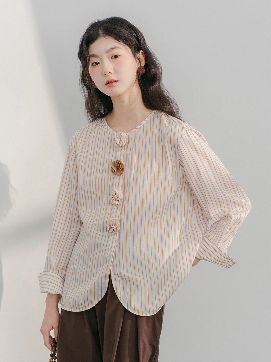 

Bluwhite Brown Striped Long Sve irt round Ne Design Loose Fit Cotton Blend Women's Busin Casual Trousers