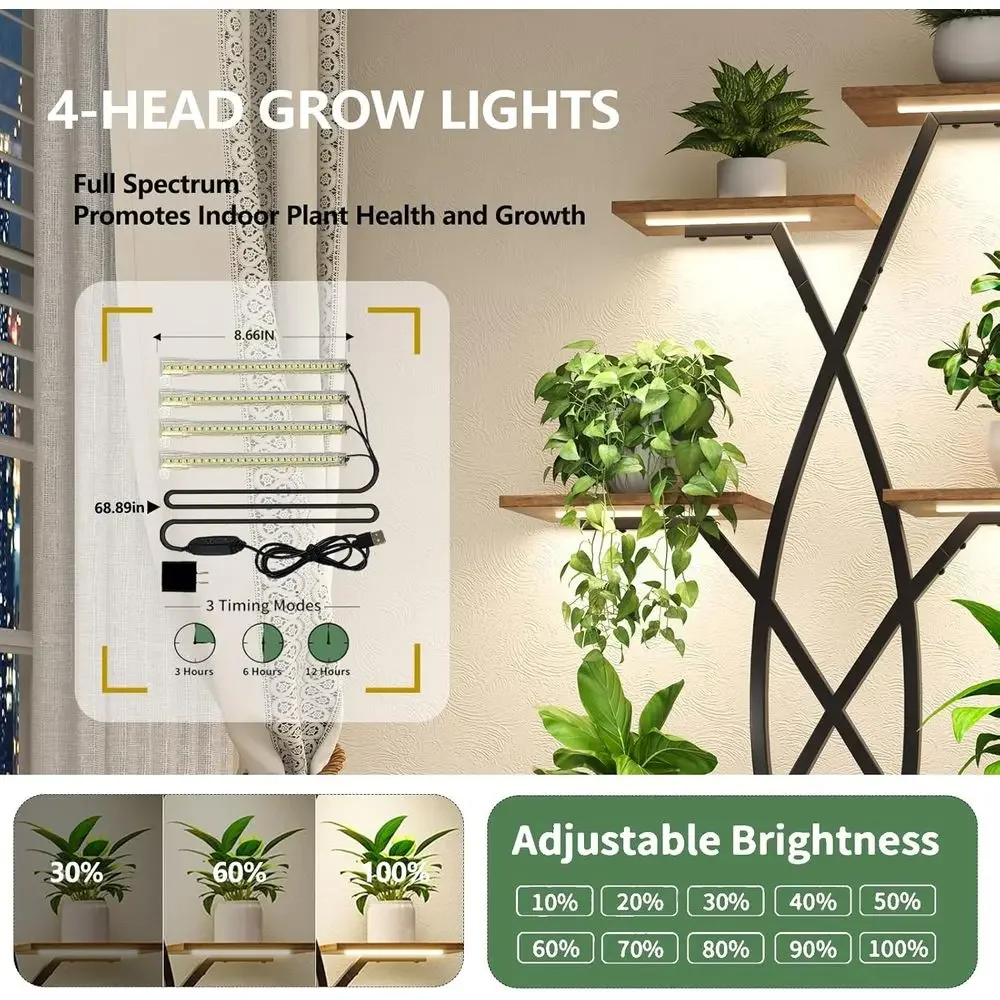 9-Tier 66 Indoor Metal Plant Stand with Adjustable Shelves and Grow Lights