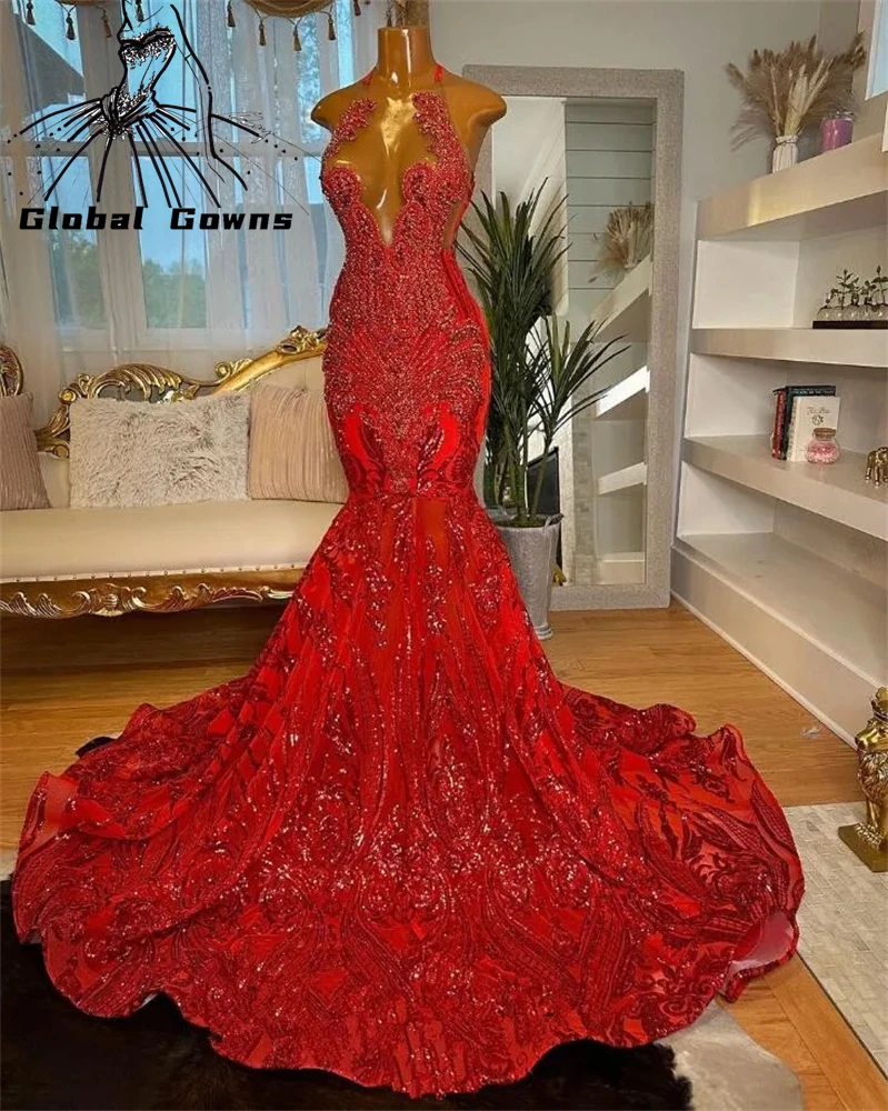 Red Halter Long Prom Dress For Black Girls 2024 Rhinestone Birthday Party Gowns Sequin Ruffles Evening Gown With Cape Customized