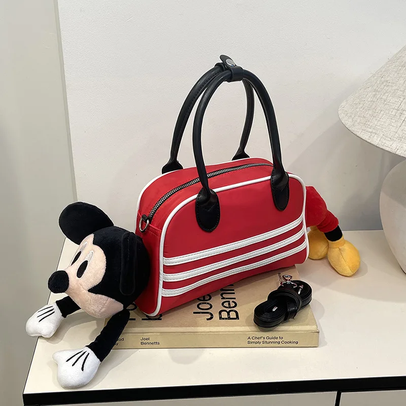 

Disney Mickey Mouse Charm Bowling Bag Red White Stripe Handbag with Mickey Plush Pendant for Women