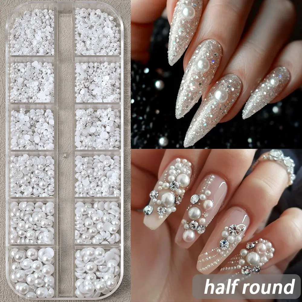 12 Gitter halbrunde Perlen Perlen 3D Nagel Charms 1,5/2/2,5/3/4/5 mm weiße Flatback Perlen Nagel Schmuck Nagel Handwerk Perlen Strasssteine