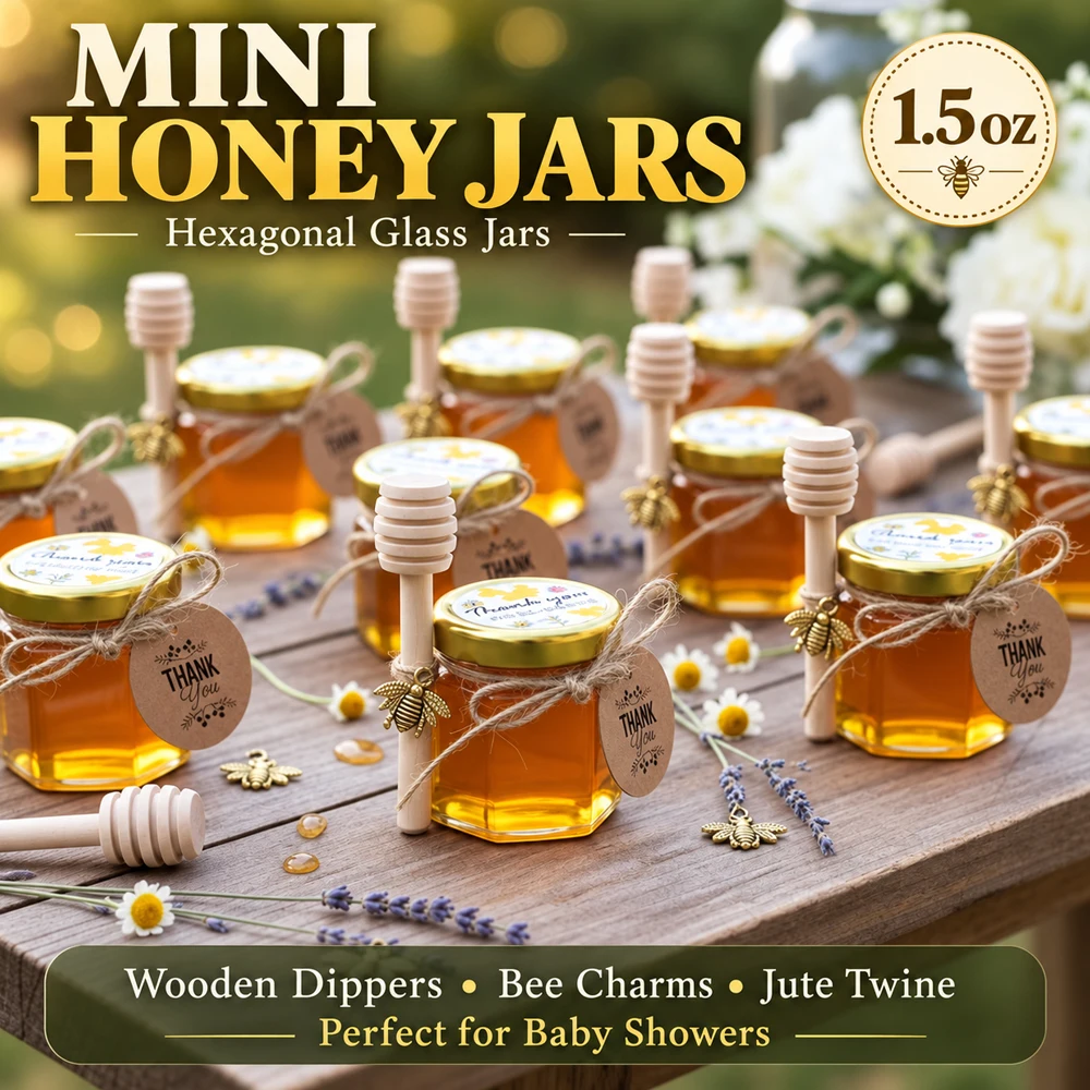 Baby Food Glass Jar - 小さなハニージャー、ミニハニージャー（スプーン付き）、六角形のハニージャー（1.5オンス）、ベビーシャワーの記念品、パーティー＆ウェディングの記念品