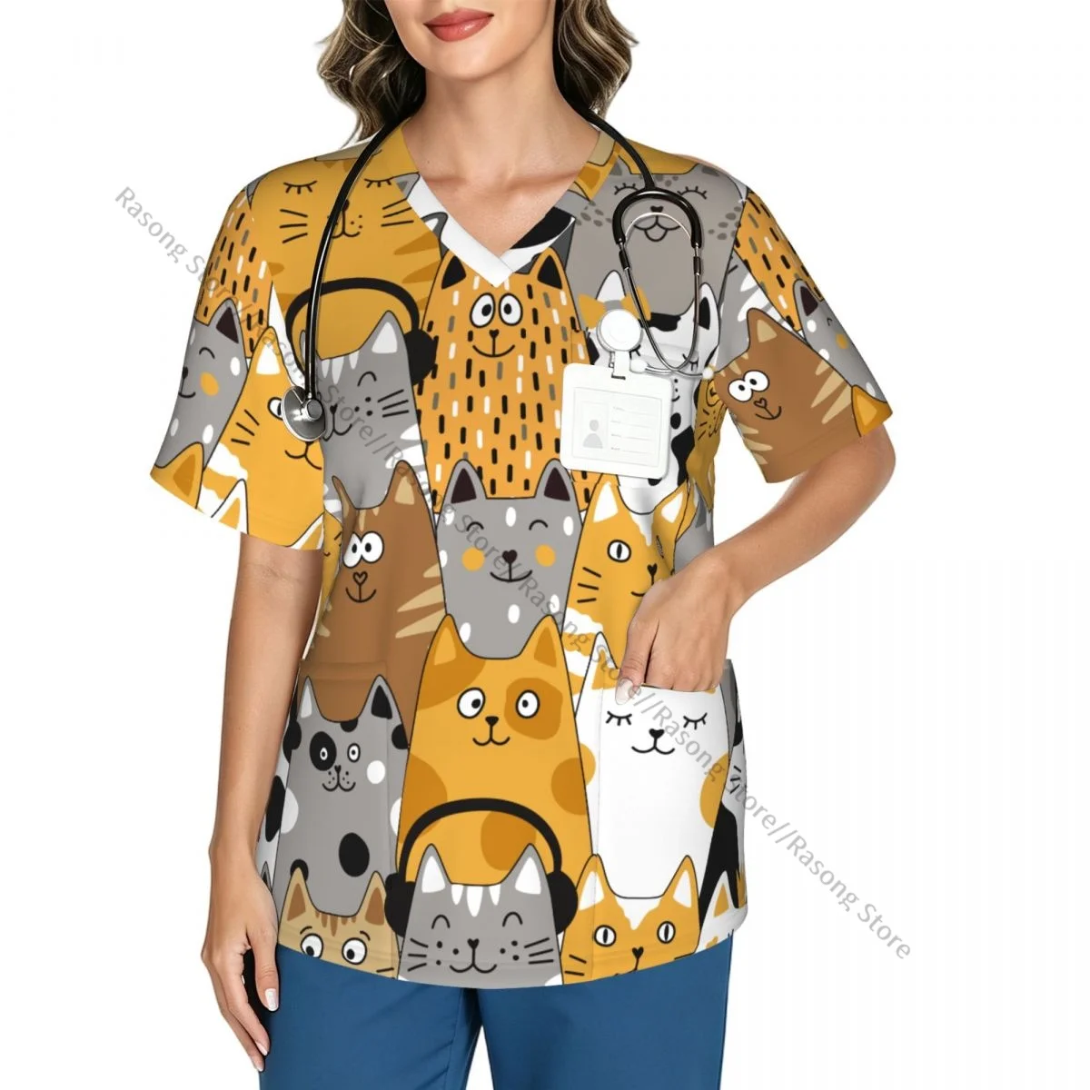 Women's Scrub Tops Short Sleeve Workwear Shirts V Neck Fitness Nursing Uniform Funny Cats Fish Pullover Spa Doctor Nursing Shirt