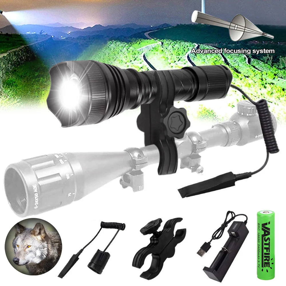 

Tactical Hunting Flashlight Red/Green White Light LED Torch 500 Yards Zoomable Weapon Gun Light with Rifle Scope Mount