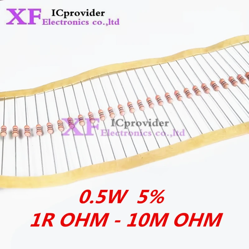 100pcs 1/2W Carbon Film Resistor 0.5W 5% 1R - 10M 0R 10R 100R 220R 330R 1K 2.2K 4.7K 10K 22K 47K 100K 1M 0 10 100 220 330 ohms