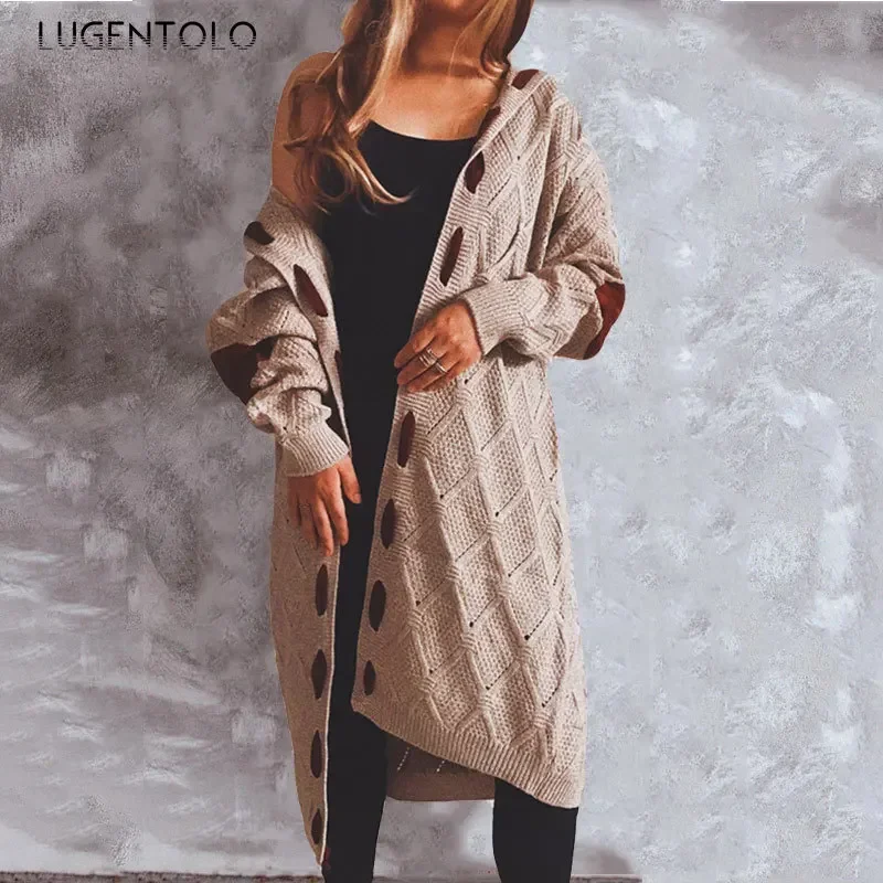 

Women Thickened Sweater Hooded New Autumn Winter Patchwork Casual Lady Loose Large Size Long Knitted Clothing Lugentolo