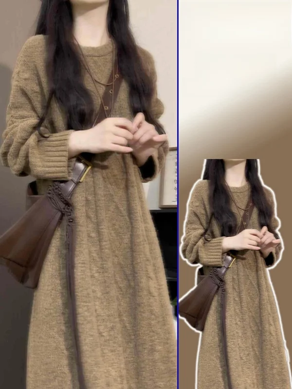 

Spring New Sle Retro round Ne Versatile Knitted Long Dr Women plus Size Lazy Sle Casual Belted Dr Comfortable Fit