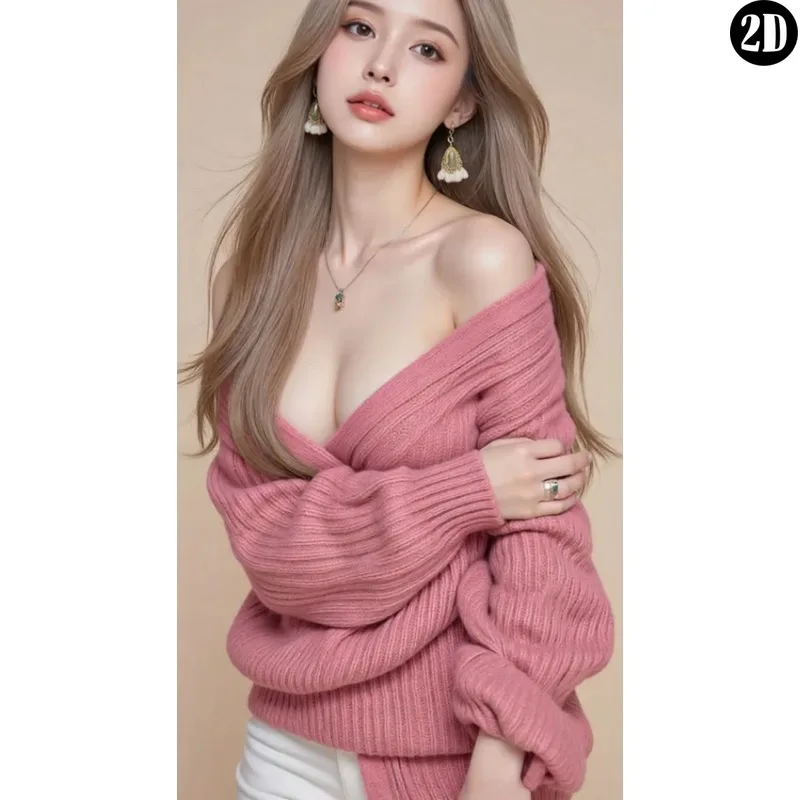 Vintage Metal Tin Sign, Soft Asian Girl In Off-Shoulder Pink Knit Sweater Solid Background Wall Decor