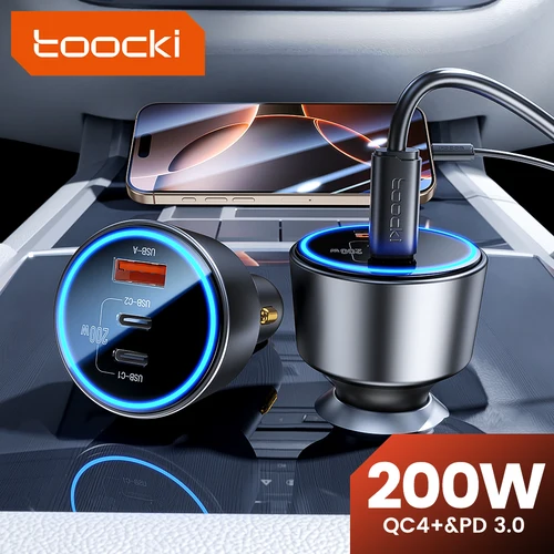 Toocki 차량용 고속 충전 휴대폰 충전기, 아이폰 16, 15, 삼성 맥북용, USB C 타입, QC 4.0, PPS 45W, PD 100W, 200W 