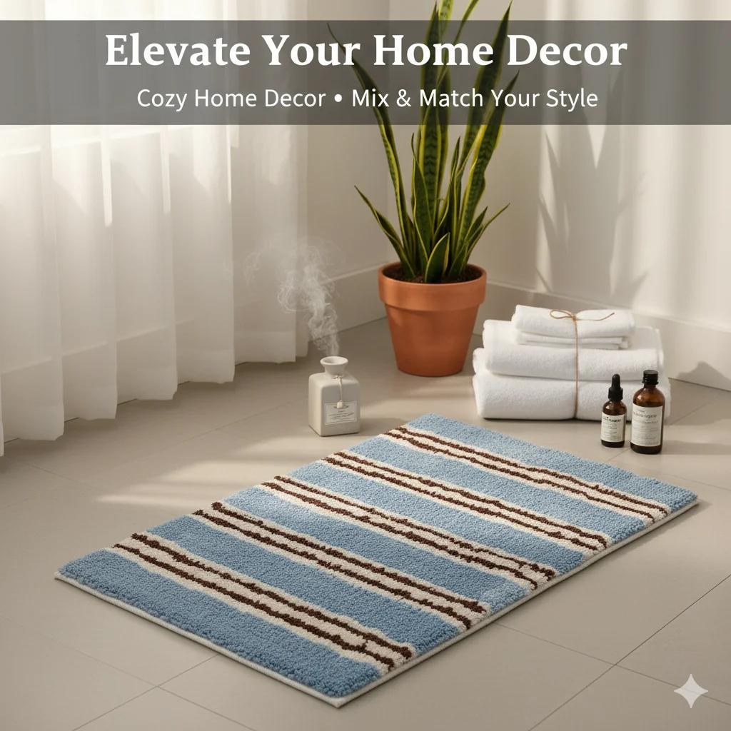 

Non Slip Waterproof Striped Plush Bath Mat Ins Minimalist Loop Pile Absorbent Floor Mat Bathroom Rug for Bedroom Bedside Room