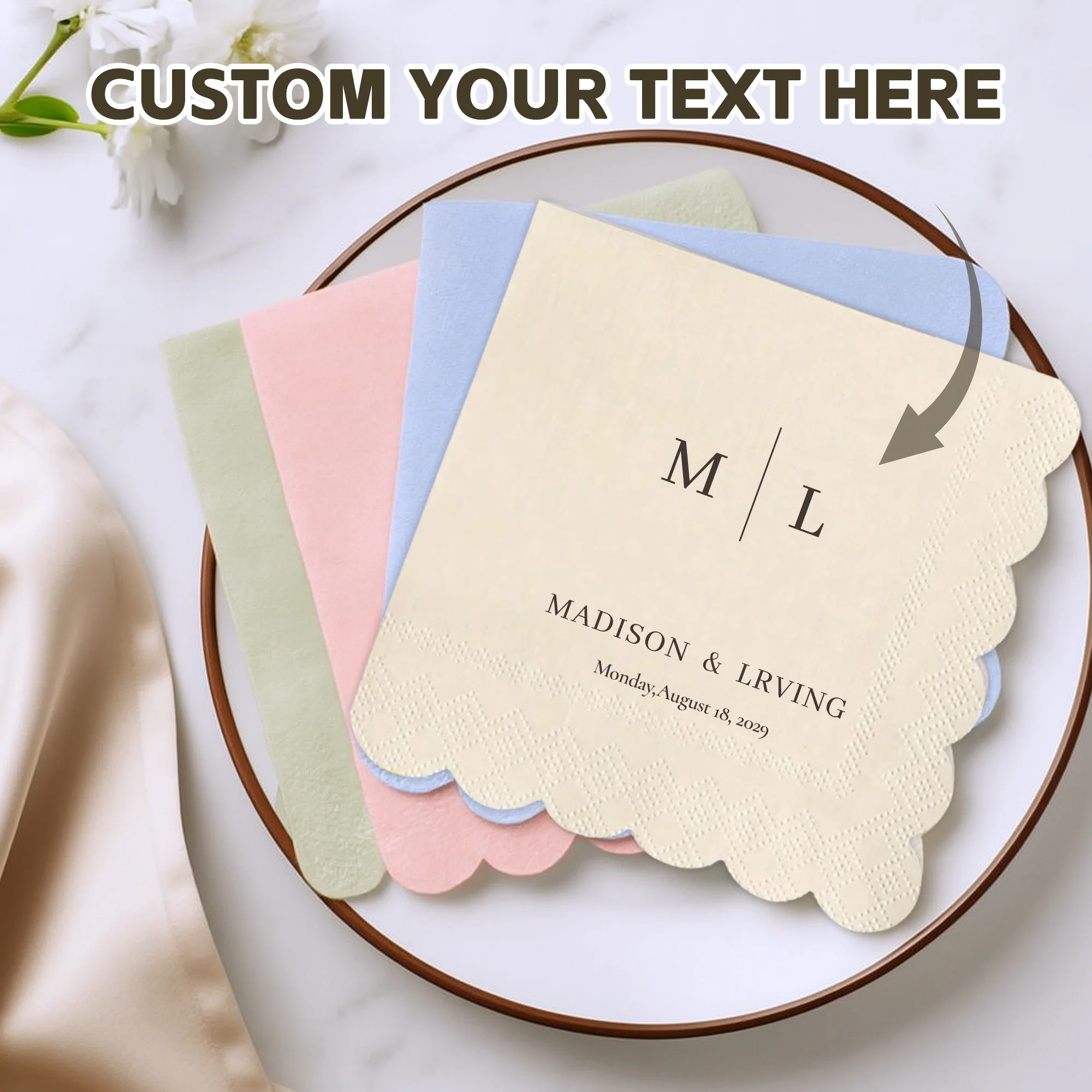 

Personalized Paper Napkins Scalloped Sage Custom Wedding Napkins of Your Text for Party Birthday Wedding Baby Shower Decor