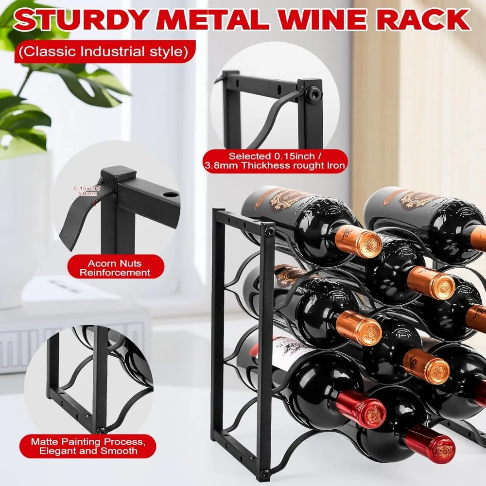 Modern 3-Tier Black Metal Wine Rack, Holds 18 Bottles, Space-Saving for Countertop or Cabinet Use