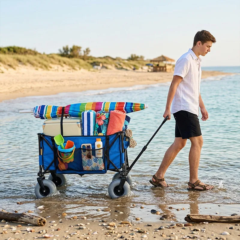 Foldable Metal Beach Wagon Quick Release Swivel Balloon Wheels Compact & Spacious Camping Cart Easy to Disassemble view 3