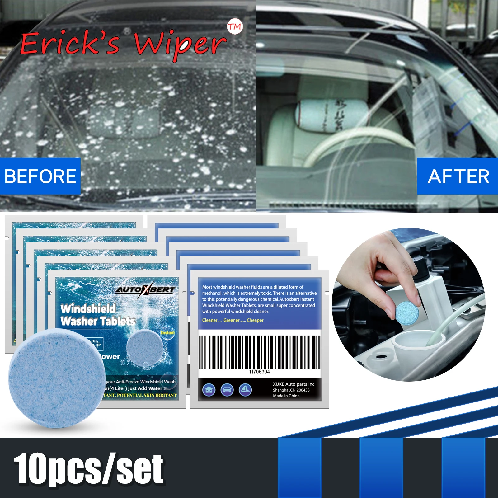 Erick's Wiper 10X Car Windshield Wiper Glass Washer Auto Solid Cleaning Cleaner Compact Effervescent Tablets Water Clean Window