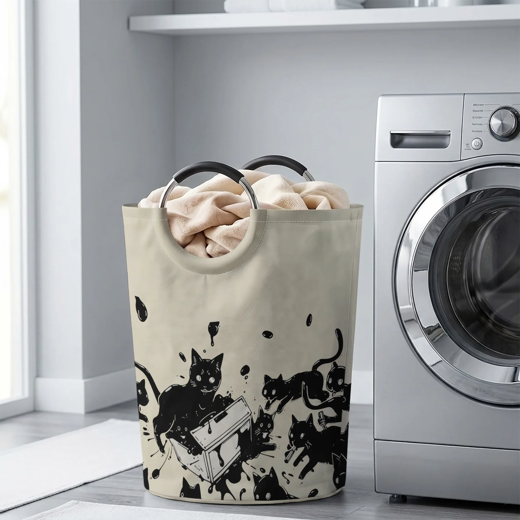 Ink Splash Black Cats Fun Illustration Print Handheld Storage Basket, For Laundry, Bedroom & Home Sundries Storage