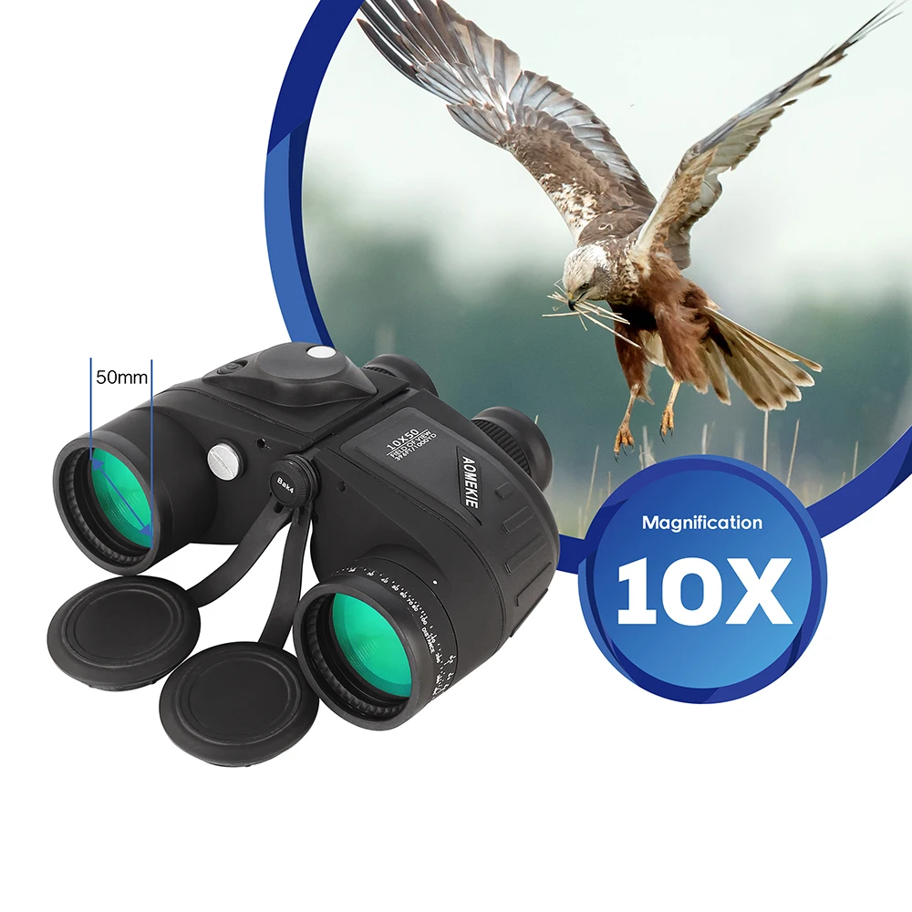 10x50 Binoculars for Adults Marine Military Binoculars Waterproof W/ Rangefinder Compass BAK4 Prism FMC Lens for Hunting Boating