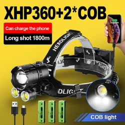 Super High Power XHP360 Headlamps Powerful Fishing COB Head Flashlight Super Bright Zoom LED Headlight USB Rechargeable Lanterns