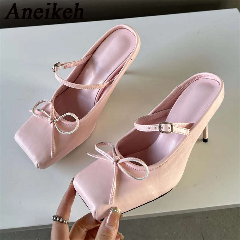 Aneikeh Sexy Square head Thin Heels Wedding Banquet Dress Mule Ladies Shoes 2024 Designer Bowknot Buckle Strap Pumps Women