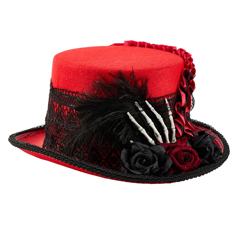 New Gothic Steampunk Top Hat Women Vintage Rose Feather Lace Top Hat Halloween Carnival Cosplay Costume Party Photo Props Unisex 4