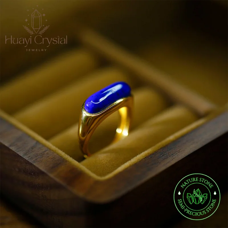 

HUAYI Lapis lazuli blue ring female old material emperor green 925 silver gold-plated niche design retro French style adjustable