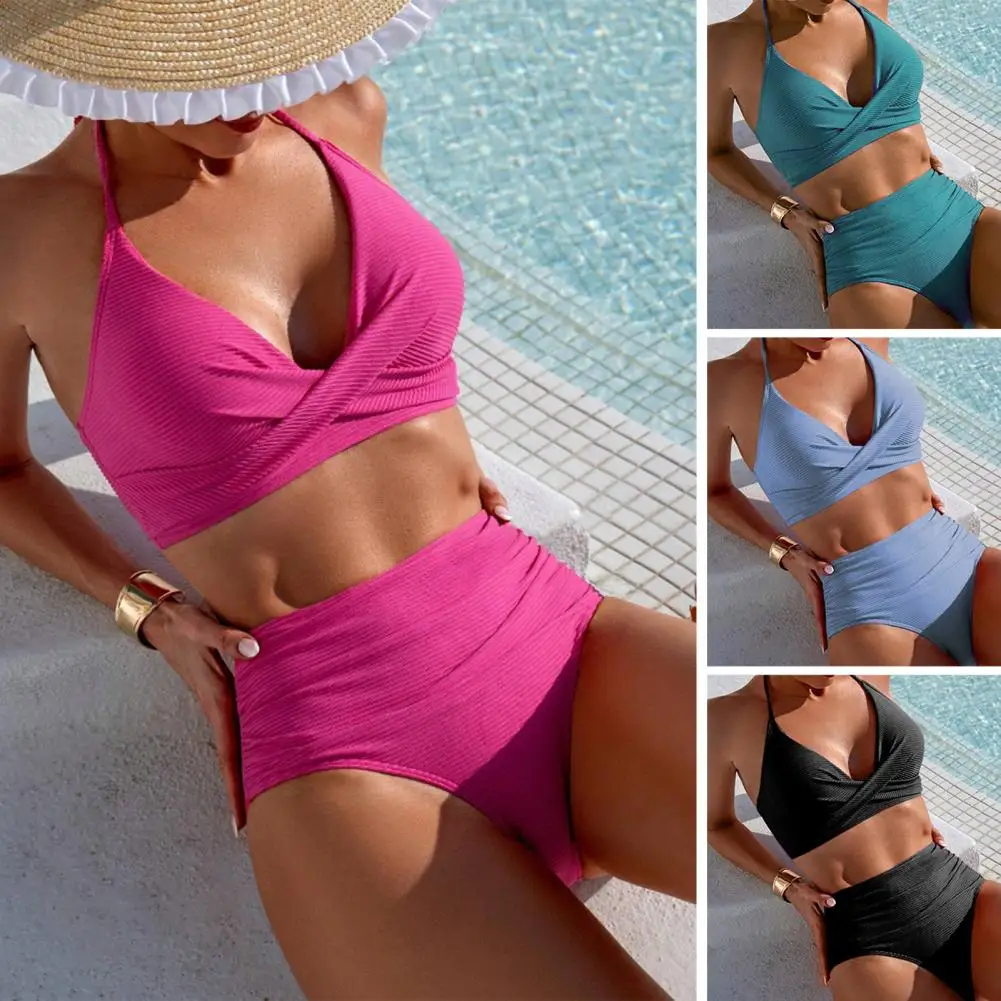 Bikini Set with Pleated Design 2pcs Summer Bikini Set with Padded Halter Bra Pleated High Waist Swimming Trunks Solid for Women