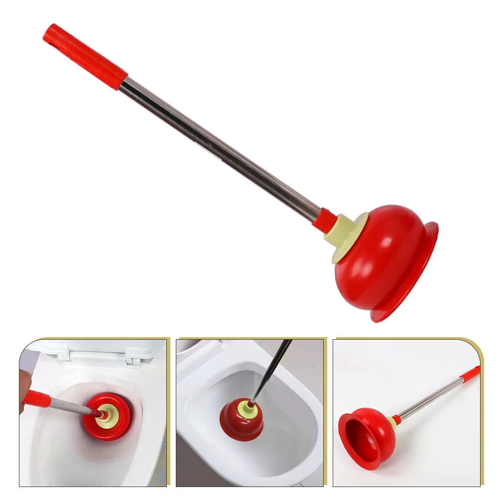 

s Red Rubber Toilet Plunger Long Handle Stainless Steel Bathroom Sucker Clogging Cleaner Drain Unclogging Tool