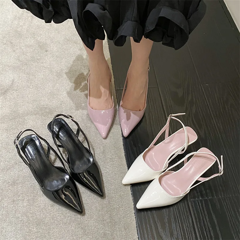 2025 Summer Sandals Stiletto Heels All-Match Low-Heeled Shoes With Strap Suit Female Beige Low-heeled Comfort Black Leather Fash