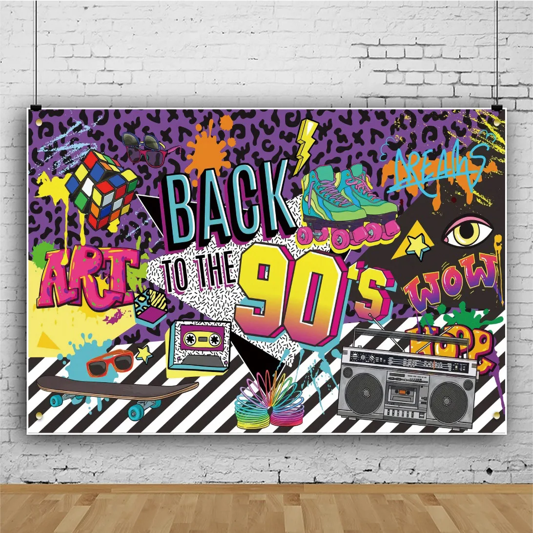 

Retro Video Back to 90s Party Backdrop Hip Hop Graffiti Rock Punk Music Dance Wall Background for Birthday Party