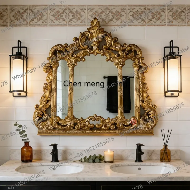 European retro bathroom mirror wall hanging bathroom carved three-sided makeup mirror French villa entrance b567