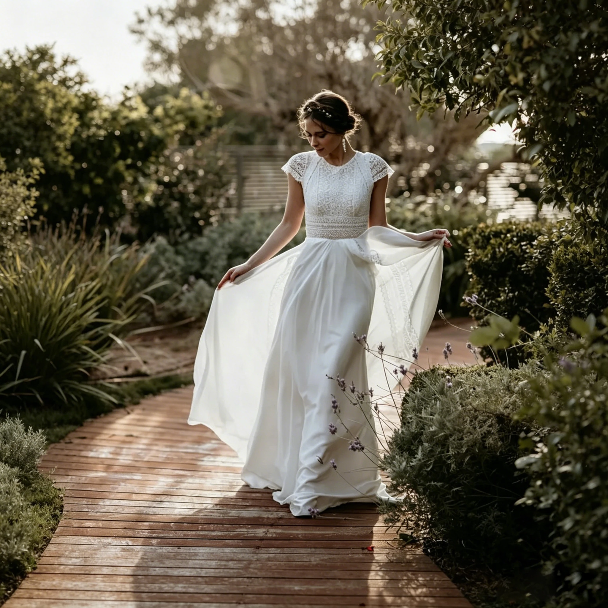 Vintage Boho Lace Chiffon Beach Wedding Dress Cap Sleeve O Neck Flowy A Line Long Bridal Dress Back Keyhole Civil Ceremony Gown image 5