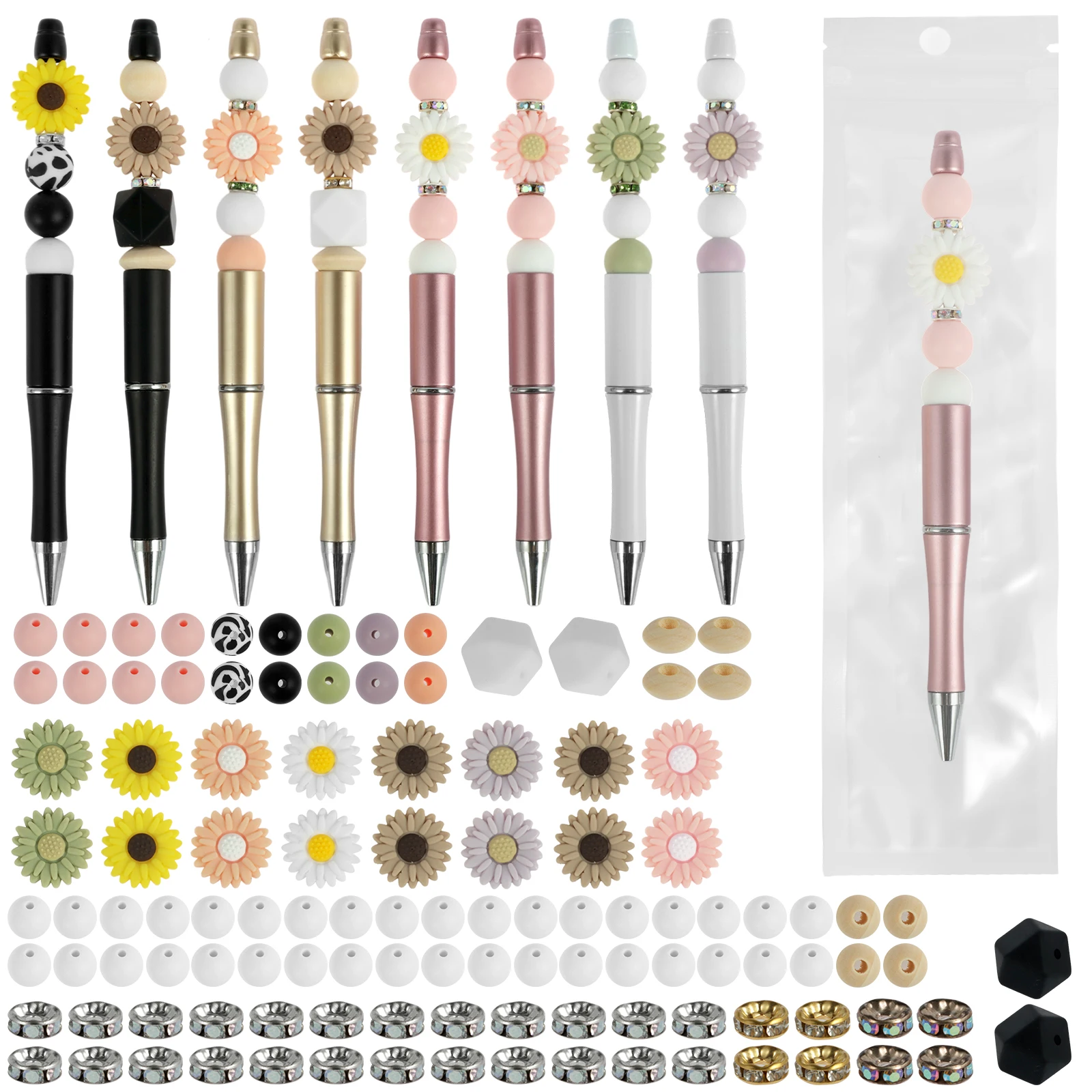 16Pcs Beadable Pens Kit Daisy Themed DIY Beaded Pens Multicolor Beads Assorted Bead Pens Black Ink Bead Pens Set Creative Beaded