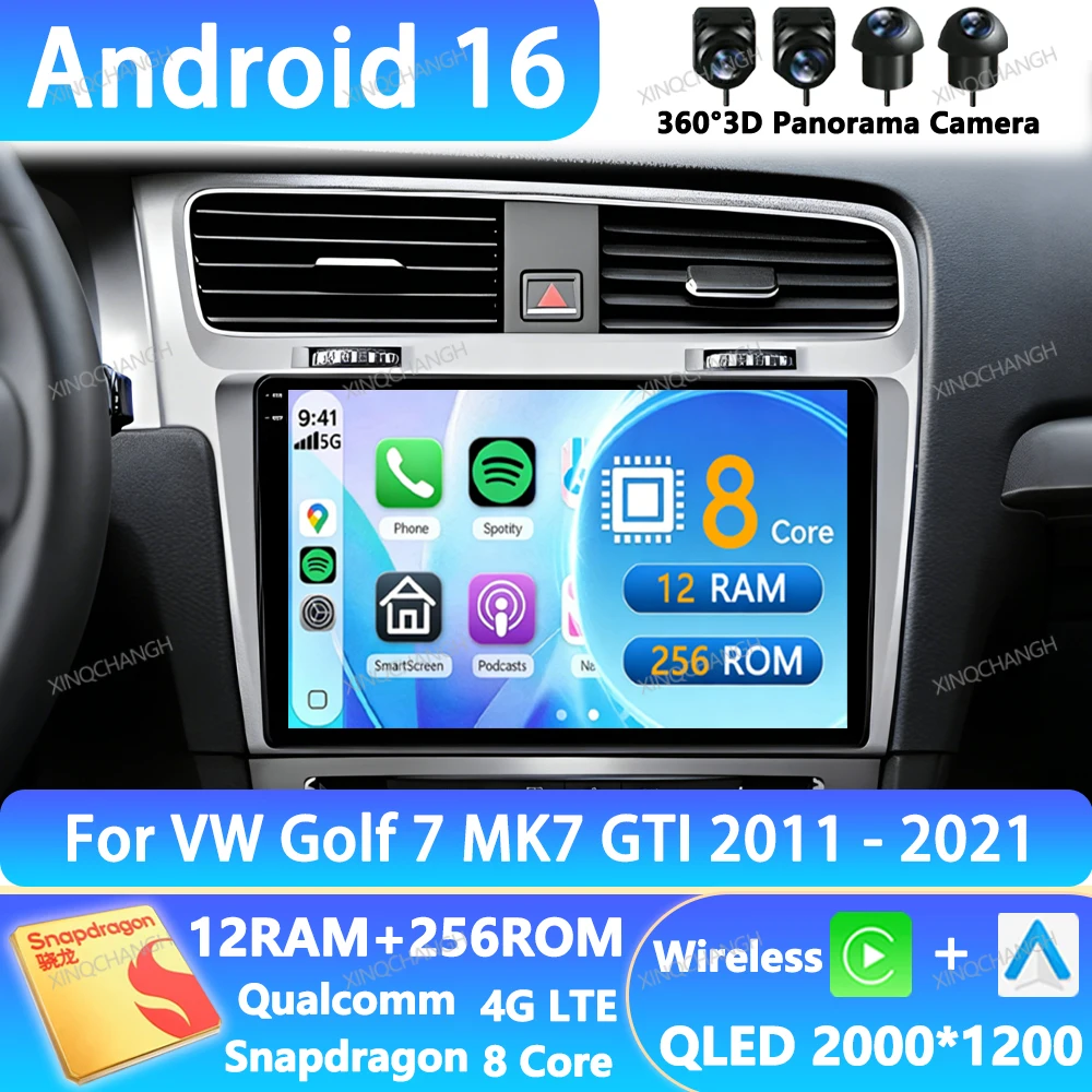 Android 16 Car Radio For Volkswagen VW Golf 7 MK7 GTI 2011 - 2021 BT GPS 2DIN 4G LTE 5G WIFI Qualcomm Navigation Head Unit QLED