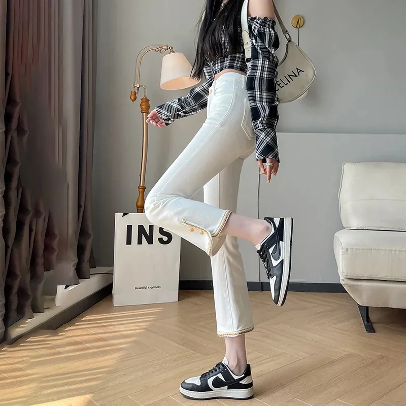 

Spring Autumn Denim Trousers 2025 New High-Waisted Ankle-Length Bell-Bottoms Solid Color Jeans Fashion Button Female Denims