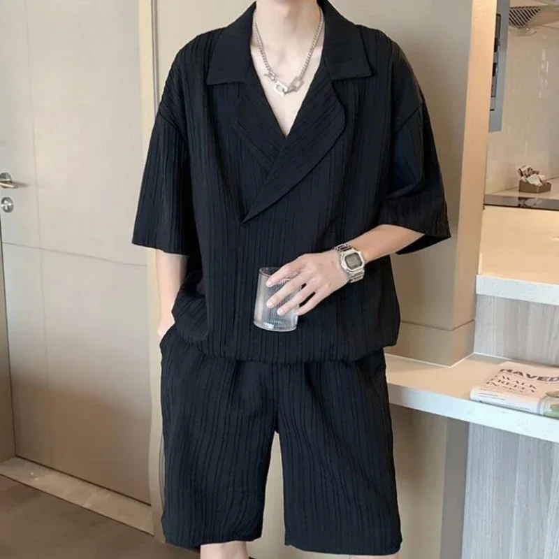 Men's Sets Fashion Streetwear Casual Pleated Blazers Simple Comfortable Knee-length Shorts Korean Style Advanced Handsome Chic