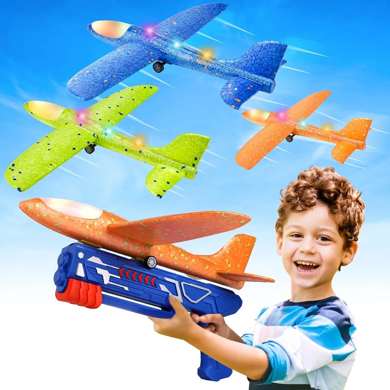 Kids Airplane Launcher Toys 13.2\'\' LED Foam Glider Catapult Gun Plane for Children Outdoor Flying Toys Birthday Gifts for Boys