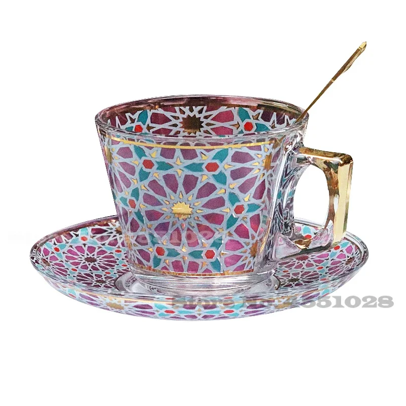 

Turkey Imported Coffee Cup European Luxury Handmade Pattern Glass Water Cups with Dish Golden Retro Transparent Red Tea Cup