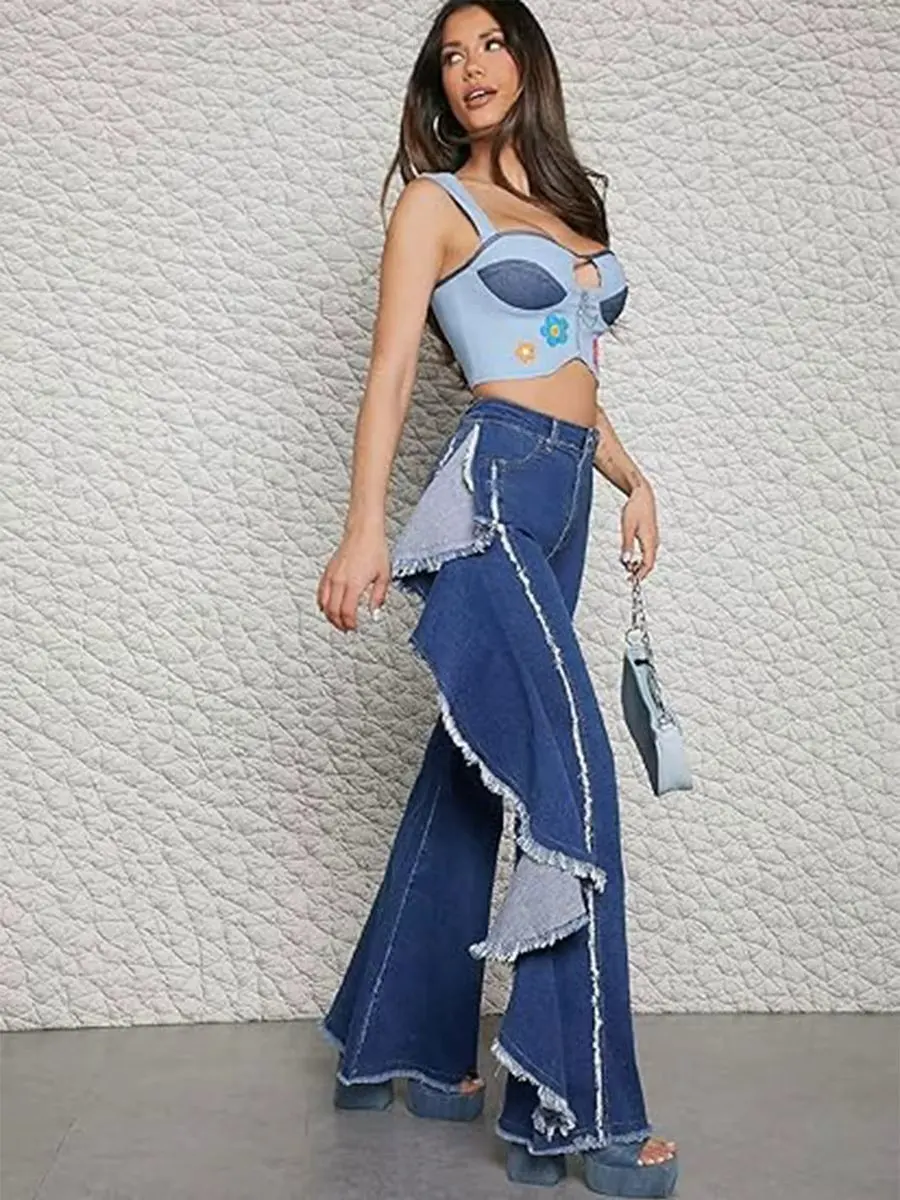 

Women's high waisted fur edge splicing, lotus leaf pleated leg design, loose straight leg flared denim pants