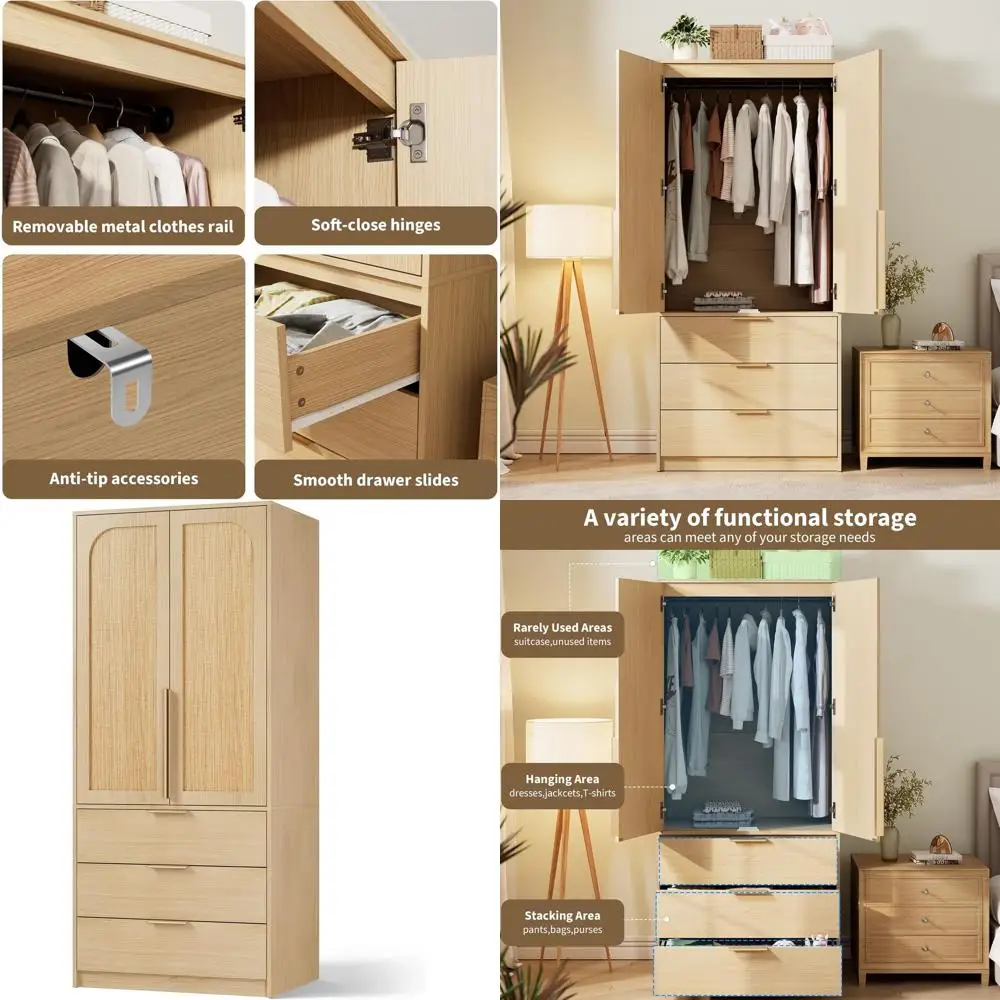 

Natural Wooden 69.5 Armoire with 3 Drawers, Hanging Rod, and 2 Rattan Doors for Bedroom Storage