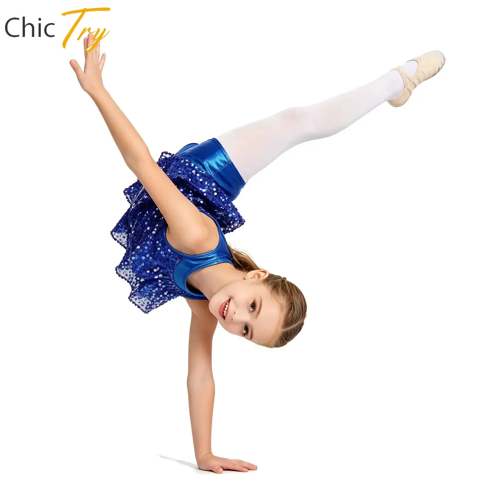 

Kids Girls Ballet Dance Halter Shorty Unitard Dress Shiny Sequins Modern Jazz Latin Dancewear Gymnastics Performance Costumes
