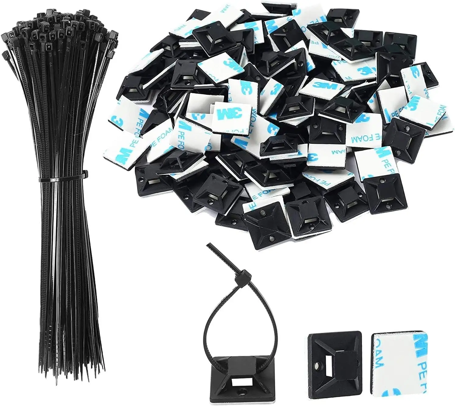 Self-locking plastic nylon tie  + Nylon Square Plastic 3M Self Adhesive Wire Zip Fixed Seat Holder Cable Tie Mount Base