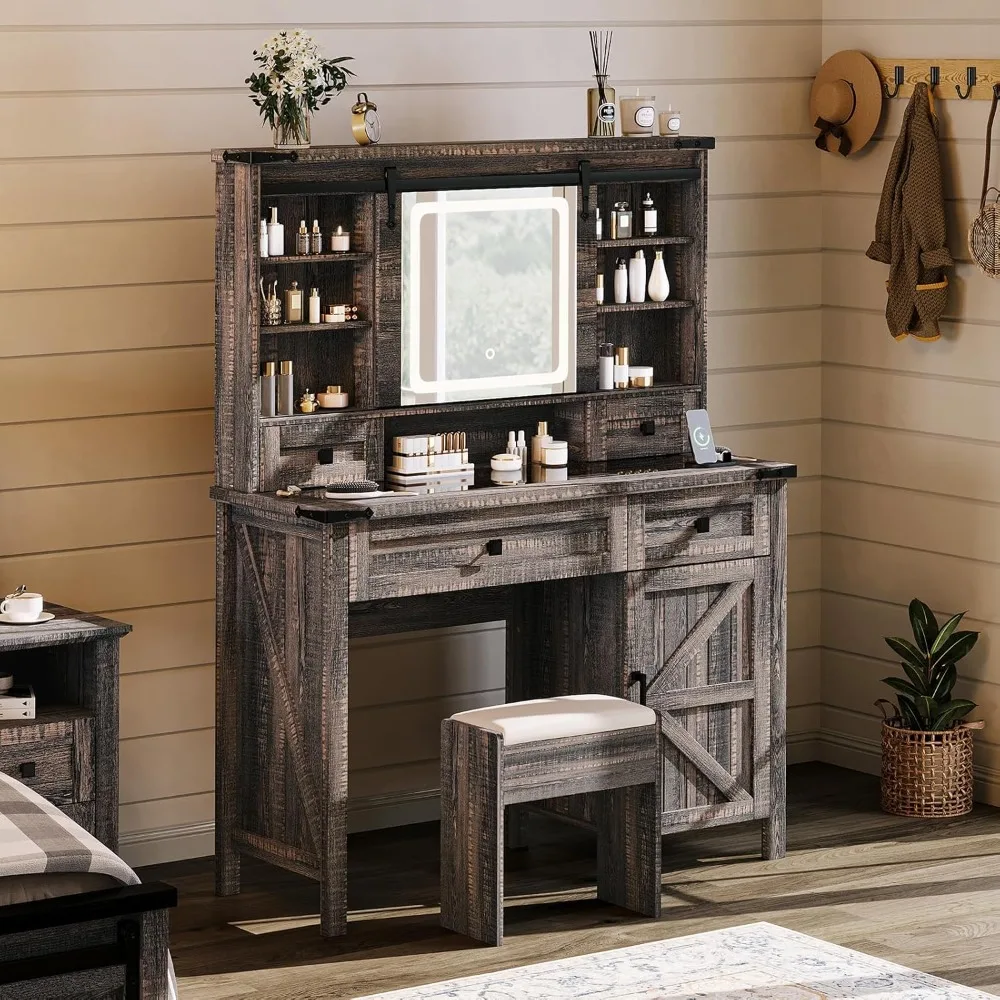 

42'' Farmhouse Makeup Vanity Desk with Sliding Mirror and Lights, Glass Tabletop Vanity Table with 2 Drawers & Shelves