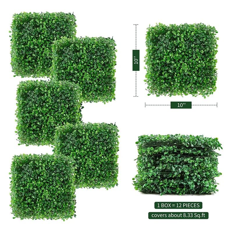 12 Packs 10X10 Inch Artificial Boxwood Hedges Mat Simulation Plant Wall Background Wall Plastic Lawn With Cable Ties