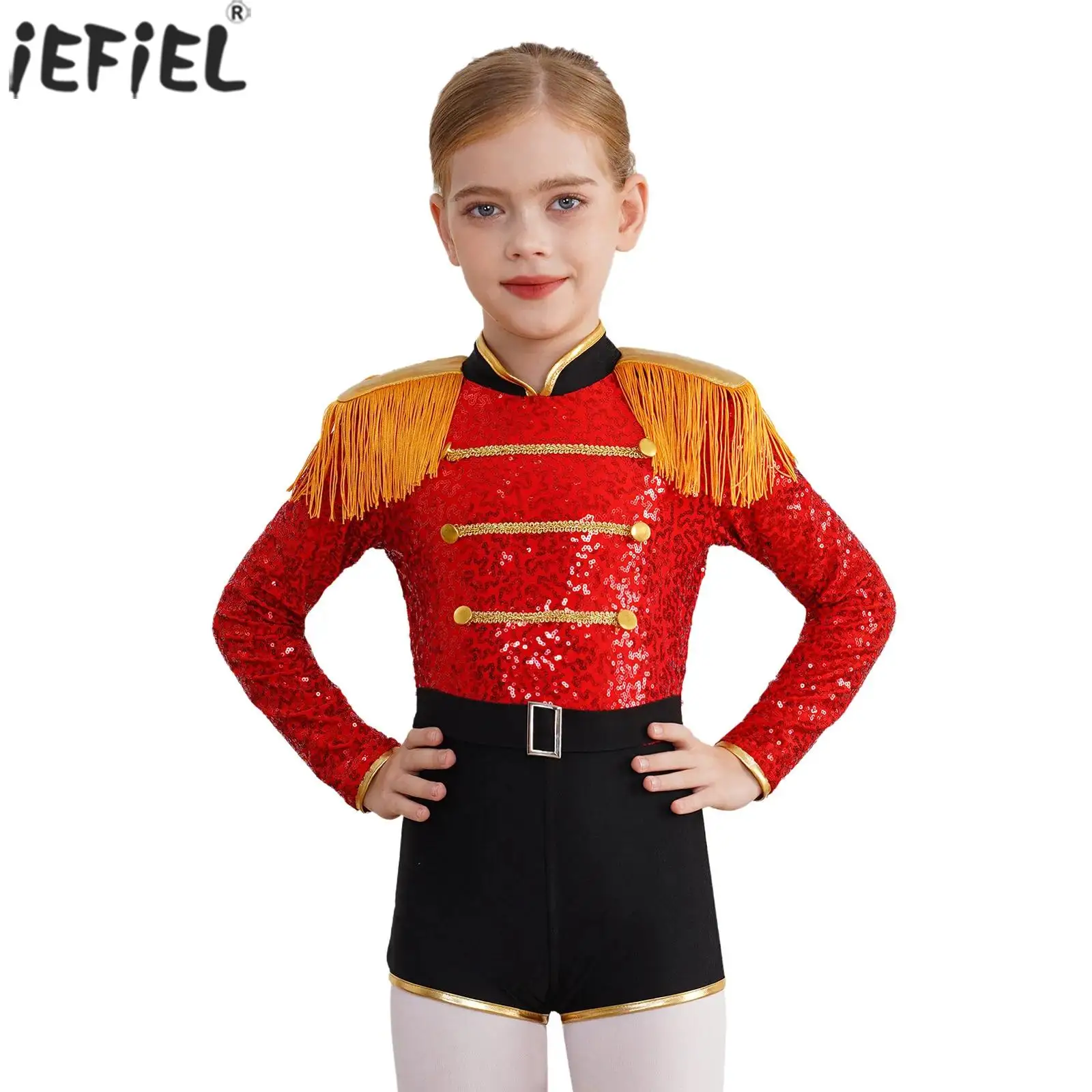 Kids Girls Circus Marching Band Majorette Drummer Costume Halloween Carnival Party Ringmaster Honor Guard Tassel Sequin Jumpsuit