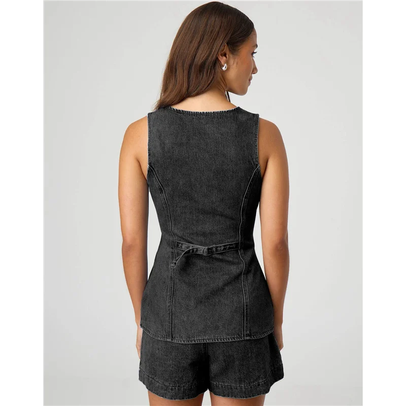 ABRT-طقم نسائي من قماش الدنيم مكون من قطعتين كاجوال بدون أكمام ورقبة على شكل حرف V سترة جينز وسراويل قصيرة عالية الخصر ملابس رياضية