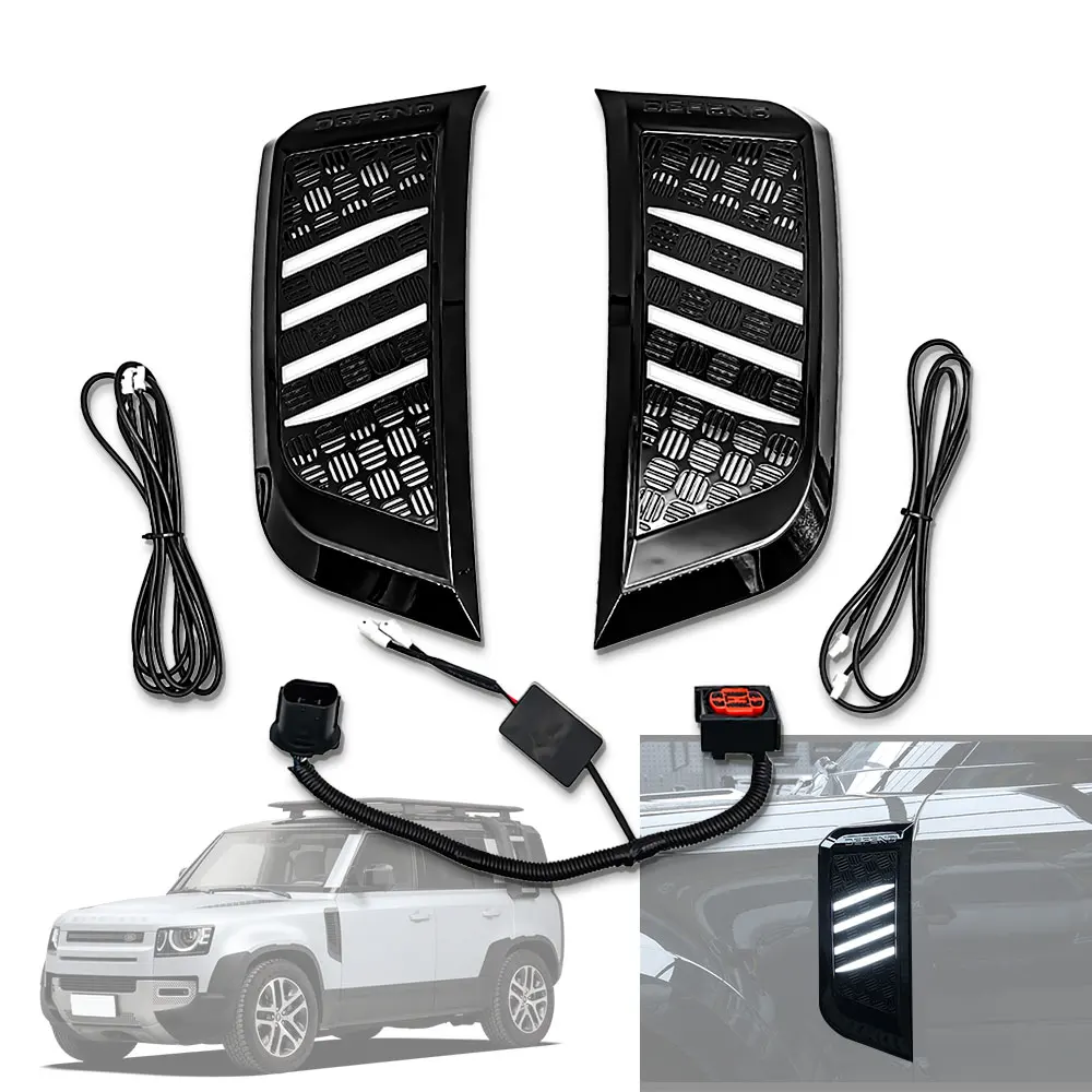 2 pcs car decorative fender side trim cover air flow intake scoop vent snow cover with led light for Land Rover Defender 2020+