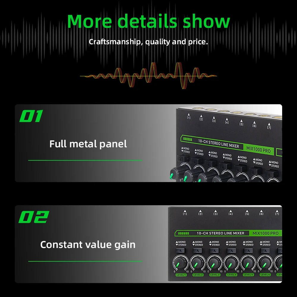 10 Channel Ultra Low Noise Stereo Line Mixer Mini Professional Sound Mixer with RGB Light DC5V Easy Operation Audios Mixer