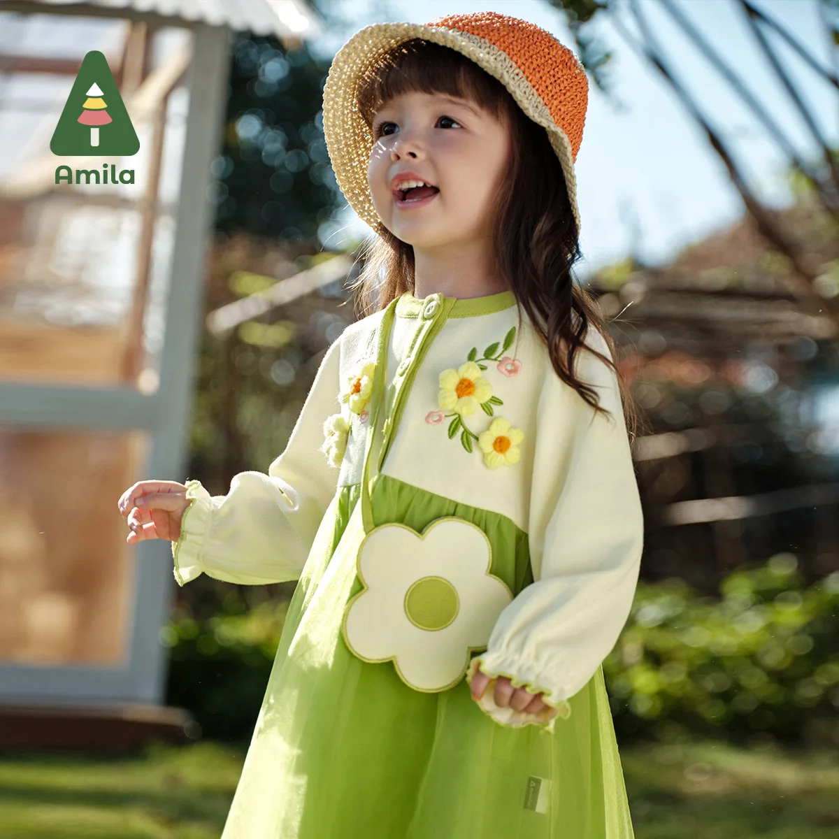 Amila Baby Girl Dress Spring 2024 New Kids Embroidery Embellished Dress Flower Shoulder Bag Princess Dress