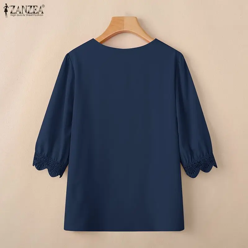 2025 ZANZEA Summer Women Tops Elegant Office Work Shirt Stylish V Neck Lace Patchwork Blouse Casual Half Sleeve Blusas Oversize