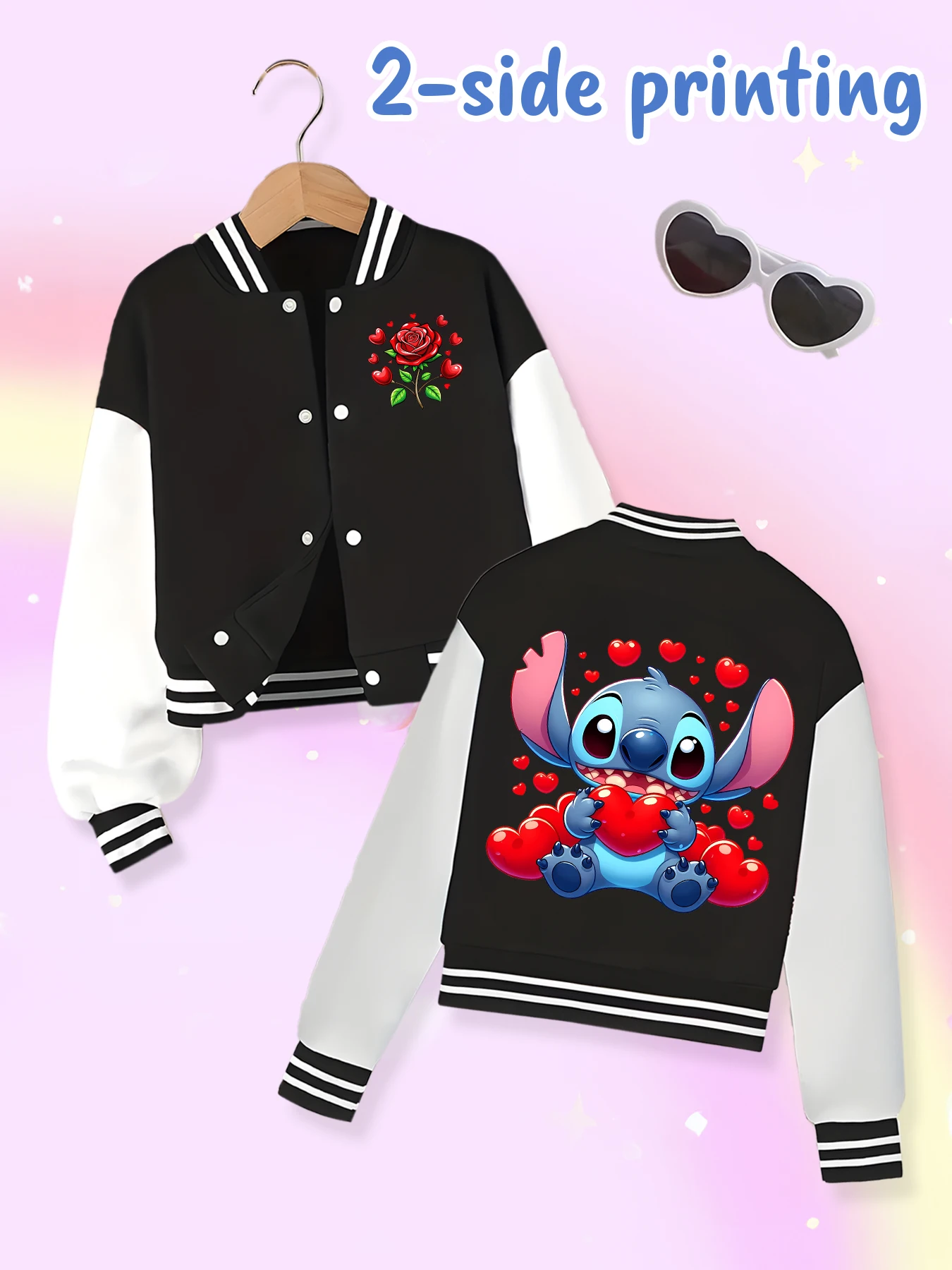 Disney fashion trend baseball jacket, suitable for daily sports and casual wear, printed with cute Stitch pattern, nice gift.